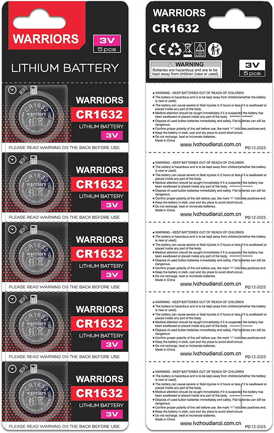 1632 CR1632 Coin Button Cell 3V 3 Volt Lithium Batteries 5X Retail Pack Compliant with Coin Battery Safety Standards 2020